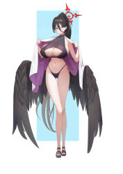  absurdres alternate_costume bikini black_bikini black_hair black_wings blue_archive breasts bunpil cleavage cleavage_cutout clothing_cutout commentary_request feathered_wings female full_body halo hasumi_(blue_archive) highleg highleg_bikini highres huge_breasts large_wings long_bangs long_hair looking_at_viewer low_wings mole mole_under_eye partial_commentary ponytail red_halo sandals simple_background solo swimsuit towel towel_around_neck white_background wings 