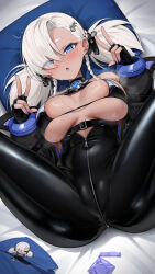  :o absurdres azur_lane bikini black_bikini black_gloves blonde_hair blue_eyes blush braid breasts chinese_text condom condom_wrapper dark-skinned_female dark_skin diving_suit double_w earrings female fingerless_gloves fish_hair_ornament from_above gloves hair_ornament hair_over_one_eye half-closed_eyes hands_up herring_(azur_lane) highres jewelry k.t.cube large_breasts legs legs_up long_hair looking_at_viewer looking_up lying on_back on_bed partially_unzipped solo spread_legs swimsuit thighs twin_braids twintails w white_hair 