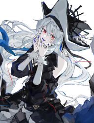  absurdres arknights black_dress blood blue_blood blue_nails dress female hair_between_eyes highres long_hair long_sleeves looking_at_viewer motoharu_(motoharuuuu) pantyhose pointy_hat red_eyes single_bare_shoulder smile solo specter_(arknights) specter_the_unchained_(arknights) very_long_hair white_hair 