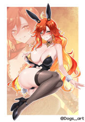  absurdres animal_ears ass black_leotard black_thighhighs border breasts clenched_teeth clothing_cutout dogs_(dlrkdejr26) female genshin_impact high_heels highres knees_up large_breasts leotard looking_at_viewer mavuika_(genshin_impact) open_mouth orange_hair orange_nails orange_pupils outline playboy_bunny rabbit_ears rabbit_tail red_eyes red_hair solo stomach_cutout strapless strapless_leotard sun-shaped_pupils sun_earrings sunburst_iris tail teeth thighhighs twitter_username white_border white_outline wrist_cuffs zoom_layer 