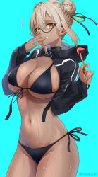  ahoge bikini black_bikini black_jacket blonde_hair blush breasts cleavage cropped_jacket double_bun fate/grand_order fate_(series) female food fruit glasses hair_bun highres ironatsuki jacket large_breasts long_sleeves looking_at_viewer medium_hair mysterious_heroine_xx_alter_(fate) navel shrug_(clothing) sidelocks solo strawberry swimsuit tan thighs yellow_eyes 