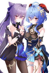  2girls absurdres ahoge arms_behind_back bare_shoulders bell black_pantyhose blue_hair breasts cleavage closed_mouth cone_hair_bun detached_sleeves double_bun dress ganyu_(genshin_impact) ganyu_(twilight_blossom)_(genshin_impact) genshin_impact goat_horns hair_between_eyes hair_bun hand_up highres horns keqing_(genshin_impact) keqing_(opulent_splendor)_(genshin_impact) long_hair looking_at_viewer moni_(moni7475) multicolored_clothes multicolored_dress multiple_girls neck_bell official_alternate_costume official_alternate_hairstyle pantyhose parted_lips pink_eyes purple_hair simple_background standing sweat twintails white_background 