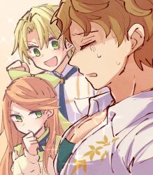  2boys alfred_(fire_emblem) alonemistrist blonde_hair boucheron_(fire_emblem) bow brown_hair closed_eyes etie_(fire_emblem) female fire_emblem fire_emblem_engage girl_staring_at_guy&#039;s_chest_(meme) green_eyes hairbow large_pectorals long_hair looking_at_pectorals meme multiple_boys muscular muscular_male orange_hair pectoral_cleavage pectorals short_hair 