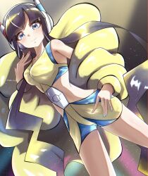  bike_shorts black_hair blue_eyes blunt_bangs buckle closed_mouth commentary_request elesa_(pokemon) female hand_up highres jacket legs_apart long_sleeves looking_down nail_polish open_clothes open_jacket pokemon pokemon_bw2 short_hair_with_long_locks sidelocks sino_(pcxg4558) smile solo sports_bra yellow_jacket 