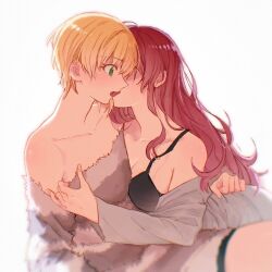  2girls bare_shoulders black_bra blonde_hair bra breasts cleavage clothes_pull collarbone commentary french_kiss highres ichinose_shiki idolmaster idolmaster_cinderella_girls imminent_kiss kissing looking_at_another medium_breasts miyamoto_frederica multiple_girls off-shoulder_sweater off_shoulder open_clothes open_mouth open_shirt profile pulling_another&#039;s_clothes purple_hair simple_background sweater sweater_pull tongue tongue_out underwear white_background yumi_xsh yuri 