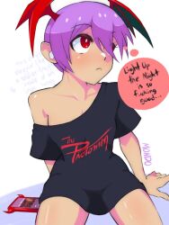  artist_name black_shirt cellphone darkstalkers demon_girl demon_wings english_text female head_wings invisible_chair lilith_(darkstalkers) no_pants phone print_shirt purple_hair red_eyes shirt short_hair single_bare_shoulder single_off_shoulder sitting smartphone solo supermondobeat text_print the_protomen thought_bubble wings wireless_earphones 