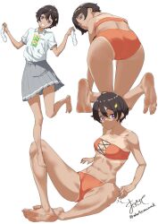  :d ahoge ass barefoot bikini black_hair bow bowtie criss-cross_strings dark-skinned_female dark_skin feet female food-themed_hair_ornament from_behind green_bow green_bowtie grey_skirt hair_between_eyes hair_ornament holding_sock legs lemon_hair_ornament looking_at_viewer looking_back maburoku make_heroine_ga_oo_sugiru! multiple_views navel orange_bikini pleated_skirt purple_eyes shirt shirt_tucked_in short_hair signature simple_background sitting skirt smile socks soles spread_legs standing standing_on_one_leg stomach strapless strapless_bikini summer_uniform swimsuit tan tanlines thighs toes toned_female twitter_username unworn_socks white_background white_shirt white_socks yakishio_lemon yellow_bow yellow_bowtie 