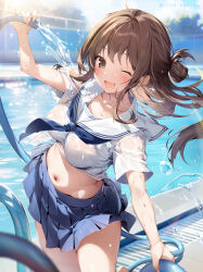  ahoge blue_neckerchief blue_skirt blurry blurry_background blush breasts brown_eyes brown_hair check_commentary clothes_lift collarbone commentary_request female hair_bun half_updo highres hose karory large_breasts long_hair looking_at_viewer midriff navel neckerchief one_eye_closed open_mouth original pool reflection reflective_water sailor_collar shirt shirt_lift single_hair_bun skirt smile solo sunlight water water_drop wet wet_clothes white_sailor_collar white_shirt 