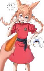  1other ? absurdres aged_down alternate_hairstyle animal_ears blue_archive blurry blurry_foreground blush braid brown_hair carrot commentary_request dress female fox_ears fox_girl hair_between_eyes hair_bobbles hair_ornament halo hand_on_own_hip highres holding holding_carrot hololive koutannkoburia long_hair looking_at_viewer oerba_yun_fang open_mouth puffy_short_sleeves puffy_sleeves purple_eyes red_dress red_halo rumi_(blue_archive) rumi_(small)_(blue_archive) short_sleeves sidelocks simple_background skin_fang smile solo_focus spoken_question_mark sweatdrop turtleneck turtleneck_dress twin_braids twintails usada_pekora white_background 