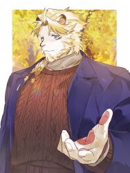  absurd_res anthro astosis blonde_hair blue_eyes braided_hair clothing felid fur hagio_graphy hair hi_res jacket lifewonders lion live_a_hero male mammal pantherine pawpads smile solo sweater topwear white_body white_fur 