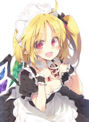  ahoge alternate_costume apron black_dress black_scrunchie blonde_hair blush breasts cleavage commentary_request detached_collar downblouse dress duplicate enmaided fangs female flandre_scarlet frills hair_ornament hair_scrunchie long_hair looking_at_viewer maid maid_headdress neck_ribbon open_mouth pointy_ears puffy_short_sleeves puffy_sleeves red_eyes red_ribbon ribbon satou_kibi scrunchie short_sleeves side_ponytail simple_background slit_pupils small_breasts smile solo touhou waist_apron white_background wings wrist_cuffs 