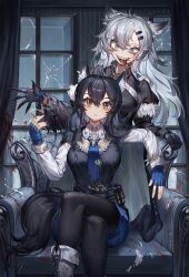  2girls absurdres animal_ear_fluff animal_ears arknights armchair black_hair black_pantyhose blood blood_on_clothes blood_on_face blue_eyes blue_gloves blue_necktie blue_shorts boots broken_window chair cigarette claws closed_mouth crossed_legs curtains drooling fingerless_gloves fur_trim gloves grey_hair hair_ornament hairclip highres holding holding_cigarette jacket jacket_on_shoulders lappland_(arknights) long_hair long_sleeves looking_at_viewer multiple_girls mwomwomwo necktie orange_eyes pantyhose pantyhose_under_shorts saliva scar scar_across_eye sharp_teeth shorts slit_pupils smoking tail teeth texas_(arknights) tie_clip tongue tongue_out uneven_eyes vest window wolf_ears wolf_tail 