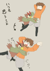  absurd_res anthro bandai_namco beak bottomwear brown_body brown_feathers brown_hair clothing digimon digimon_(species) digimon_survive duo falcomon falcomon_(survive) feathers hair hi_res hug human jacket male mammal minoru_hyuga mofumi_corvus shorts smile topwear 