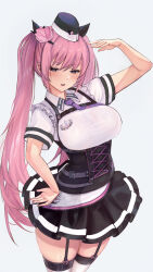  462vvv absurdres blush breasts female flower goddess_of_victory:_nikke green_eyes hair_flower hair_ornament hat highres large_breasts long_hair looking_at_viewer pink_hair police police_uniform policewoman quiry_(nikke) shirt short_sleeves skirt thighhighs twintails very_long_hair white_shirt 