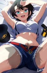  abs absurdres armpits brown_hair curio_(curiofinity) gun hat highres hololive lying midriff navel nekomata_okayu on_back oozora_subaru open_mouth shadow short_hair shorts virtual_youtuber weapon 