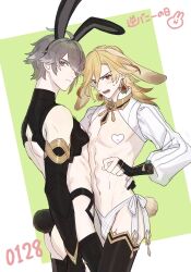  2boys ahoge alhaitham_(genshin_impact) alternate_costume animal_ear_hairband animal_ears arm_around_waist ass back black_thighhighs blonde_hair blush bulge clenched_hand closed_mouth commentary_request covered_nipples cowboy_shot dated earrings embarrassed expressionless fake_animal_ears floppy_ears from_side genshin_impact green_background green_eyes grey_hair hair_over_one_eye hairband hand_on_another&#039;s_hip heart_pasties highres jewelry kaveh_(genshin_impact) long_sleeves looking_at_viewer looking_back male_focus medium_hair meme_attire multicolored_background multiple_boys navel one_eye_covered open_mouth panties pasties pectoral_cleavage pectorals profile puffy_long_sleeves puffy_sleeves rabbit_ear_hairband rabbit_ears rabbit_tail red_eyes red_pupils reverse_bunnysuit reverse_outfit sha_(0shaaa_4) short_hair shrug_(clothing) side-tie_panties simple_background stomach tail teeth thighhighs turning_head underwear v-shaped_eyebrows very_short_hair white_background yaoi 