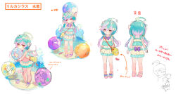  ahoge aqua_hair arms_up ball beach beachball cassius_(phantom_of_the_kill) commentary_request female from_behind full_body holding holding_ball holding_beachball hunched_over looking_at_viewer multicolored_hair official_art orange_eyes phantom_of_the_kill pink_hair reference_sheet second-party_source shibuhiko simple_background straight-on swimsuit two-tone_hair white_background 