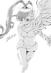  absurdres amano_nene_(digimon_xros_wars) angel_wings angrynerd_c bare_shoulders barefoot blush breasts cleavage collarbone commentary dated digimon digimon_(creature) digimon_xros_wars feathered_wings feathers female fur_bikini fur_collar greyscale halo high_ponytail highres long_hair looking_at_viewer luminamon medium_breasts midriff monochrome navel sidelocks single_wing smile solo split_ponytail tongue tongue_out very_long_hair wings 