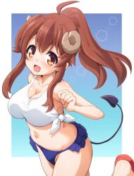  ahoge bare_shoulders bikini bikini_bottom_only blue_bikini blush breasts brown_eyes brown_hair cleavage collarbone demon_girl demon_horns demon_tail ehime_mikan female highres horns large_breasts long_hair looking_at_viewer machikado_mazoku navel oerba_yun_fang open_mouth ponytail shirt simple_background smile solo swimsuit tail tank_top white_shirt white_tank_top yoshida_yuuko_(machikado_mazoku) 