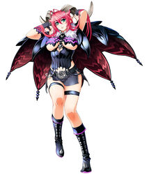  arms_up asmodeus asmodeus_(the_seven_deadly_sins) belt boots breasts cape demon demon_girl demon_horns female full_body green_eyes horns large_breasts long_hair miniskirt navel nishii_(nitroplus) pencil_skirt pink_hair pointy_ears simple_background skirt solo succubus tagme the_seven_deadly_sins underboob white_skin 