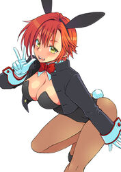  :d animal_ears ass blush bow bowtie breasts cleavage commentary_request eroe female genderswap_(mtf) gloves green_eyes igarashi_kyou_(eroe) open_mouth orange_hair original pantyhose photoshop_(medium) playboy_bunny rabbit_ears rabbit_tail rule_63 short_hair smile solo tail tears teeth tongue w white_gloves 