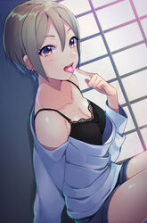  bare_shoulders bbbannooo black_camisole black_eyes blush breasts camisole cleavage collarbone commentary earrings female finger_to_tongue grey_hair hair_between_eyes highres idolmaster idolmaster_cinderella_girls jewelry lace long_sleeves looking_at_viewer medium_breasts off-shoulder_shirt off_shoulder open_mouth parted_bangs petals photoshop_(medium) shiomi_syuko shirt short_hair short_shorts shorts shouji sitting sliding_doors smile solo tongue tongue_out 