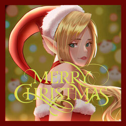  ambitious_elf_jinx blonde_hair christmas female gloves green_eyes hat jinx_(league_of_legends) league_of_legends pointy_ears santa_hat smile 