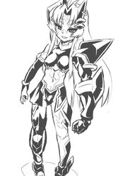  armor breasts commentary_request detached_sleeves facial_mark female gem greyscale horn_ornament horn_piercing horn_ring horns long_hair midriff monochrome navel original otoo_(izanagi) photoshop_(medium) pointy_ears small_breasts smile solo white_background 