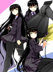  :o black_hair black_legwear blazer blunt_bangs cable commentary_request controller feet female game_controller girlfriend_(houkago_play) houkago_play jacket kamisimo_90 legs_up long_hair multiple_views necktie no_shoes pantyhose pleated_skirt school_uniform sitting skirt smile standing very_long_hair yellow_eyes 