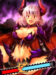  :d armor arms_behind_back bikini_armor blush breasts cleavage collarbone commentary_request edobox female gameplay_mechanics gauntlets gore_magala_(armor) headband health_bar horns large_breasts long_hair monster_hunter_(character) monster_hunter_(series) monster_hunter_4 navel oerba_yun_fang open_mouth pointy_ears red_eyes sexually_suggestive smile solo spikes sweat tongue tongue_out white_hair 