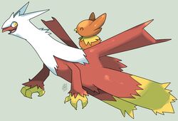  2011 animal_focus bird claws closed_eyes commentary english_commentary full_body grey_background happy highres latiken no_humans open_mouth pokemon pokemon_(creature) pokemon_rse pokemon_rse_(prototype) profile prototype_design riding riding_pokemon signature simple_background th07 torchic_(prototype) yellow_eyes 