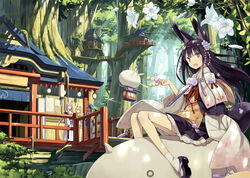  4girls animal_ear_fluff animal_ears black_hair blonde_hair blue_eyes braid closed_eyes commentary_request dango flower food fox_ears fox_tail hair_ornament house japanese_clothes kuromitsu_nene light_purple_hair long_hair momoyama_tsutsune multiple_girls oerba_yun_fang original photoshop_(medium) poco_(asahi_age) red_eyes shiratama_kitsune short_hair sitting skirt tabi tail tree treehouse wagashi yellow_eyes 