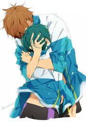  2boys brothers high_speed! hug kirishima_ikuya kirishima_natsuya male_focus matsurinnu multiple_boys size_difference 