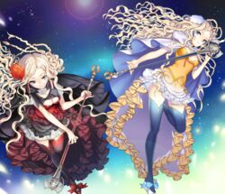  2girls blonde_hair blue_eyes blue_thighhighs braid breasts cape cleavage commentary_request dress flower hair_flower hair_ornament highres long_hair looking_at_viewer medium_breasts multiple_girls original red_legwear small_breasts smile staff star_(symbol) thighhighs yamanashi_kawanashi 