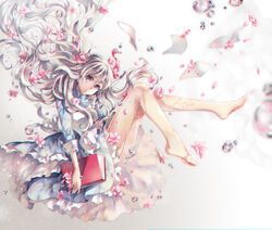  air_bubble barefoot blurry book bubble commentary depth_of_field dress female floating_hair flower head_tilt kagerou_project kozakura_marry long_hair petals photoshop_(medium) red_eyes solo teka underwater wavy_hair white_hair 