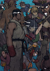  5girls 6+boys antenna_hair bald bandages belt black_hair blank_eyes blanka blonde_hair blue_background blue_sailor_collar boots bracelet braid brown_hair bun_cover cammy_white china_dress chinese_clothes chun-li clenched_teeth colored_skin commentary dark_skin dhalsim double_bun dougi dress drill_hair drooling elbow_gloves eyepatch fingerless_gloves glint gloves green_skin hair_bun halterneck hat headband hibiki_dan highres ibuki_(street_fighter) jewelry juri_han kasugano_sakura ken_masters leotard long_hair m._bison martial_arts_belt mask midriff multiple_boys multiple_girls muscular neck_ribbon ninja pantyhose peaked_cap ponytail profile red_hair red_nose ribbon ryu_(street_fighter) sagat sailor_collar scar school_uniform serafuku seth_(street_fighter) sharp_teeth short_hair skirt smile spiked_bracelet spikes street_fighter tears teeth turtleneck twin_braids twin_drills umezawa_michiko very_dark_skin yin_yang zangief 