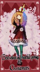  absurdres arched_crown bad_id bad_pixiv_id blonde_hair blunt_bangs christmas christmas_lights crown curly_hair dress english_text female glowing_crown green_pantyhose highres jeweled_crown kansou_samehada long_hair original pantyhose red_crown shoes snow solo yellow_eyes 