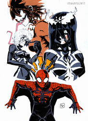  1boy 3girls absurdres animification artist_name black_hair black_skin breasts carnage_(marvel) colored_skin commentary english_commentary genderswap_(mtf) hair_between_eyes hair_ribbon highres humanization long_hair long_tongue looking_at_viewer marvel monster_girl multiple_girls peter_parker photoshop_(medium) red_hair ribbon rule_63 sharp_teeth short_hair simple_background smile somersaultdropkick spider-man_(series) symbiote teeth tongue tongue_out venom_(marvel) watermark web_address white_background white_hair 