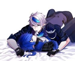  2boys bad_id bad_pixiv_id bed_sheet black_gloves blue_hair ciel_(elsword) cross cross_earrings dreadlord_(elsword) dual_persona earrings elsword gloves jeruka_(otot9181) jewelry long_hair looking_at_viewer male_focus mouth_hold multicolored_hair multiple_boys partially_fingerless_gloves pointy_ears ponytail ribbon ribbon_in_mouth royal_guard_(elsword) streaked_hair two-tone_hair white_background white_hair 