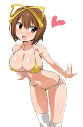  :d bad_id bad_pixiv_id bikini breasts brown_eyes brown_hair female hair_ribbon heart kneehighs large_breasts loliconder micro_bikini open_mouth ribbon short_hair simple_background smile socks solo swimsuit takamiya_nasuno teekyuu white_background yellow_bikini 