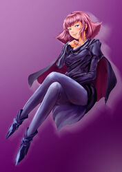  blue_eyes cape curegolgom female grin gundam gundam_zz haman_karn panty_hose pantyhose pink_hair purple_legwear short_hair sitting smile solo zeta_gundam 