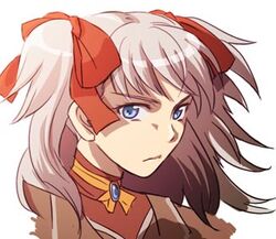  belt blue_eyes bow brown_hair choker closed_mouth coat dress female hair_ribbon long_hair lowres portrait raquel_applegate ribbon solo twintails two_side_up white_background wild_arms wild_arms_4 