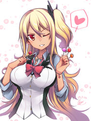  ah-64d_(3ath.)_(rick_g_earth) amatsuki_colors bow bowtie bracelet breast_suppress breasts candy commentary_request cropped_torso dated female food hair_between_eyes hair_ornament heart heart_bracelet heart_necklace jewelry large_breasts lollipop long_hair looking_at_viewer necklace one_eye_closed one_side_up red_bow red_bowtie red_eyes rick_g_earth solo spoken_heart very_long_hair 