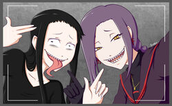  2girls black_gloves black_hair braid chikujouin_magane commentary_request crossover earrings finger_gun gloves hair_ornament highres jewelry koumori_kuroko long_hair multiple_girls murcielago paran01d pointing purple_hair re:creators school_uniform selfie serafuku sharp_teeth single_braid smile teeth tongue tongue_out torii_earrings trait_connection yellow_eyes 