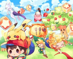  &gt;_&lt; 3boys :d :o apple black_hair block_(object) blonde_hair blue_shorts blue_sky blush blush_stickers brown_footwear cauldron chef cloud commentary_request cook_kirby copy_ability day doseisan fence flower food fruit frying_pan grass green_hat hat hitofutarai holding holding_sword holding_weapon kirby kirby_(series) leaf link lolicon lucas_(mother_3) male_focus maxim_tomato mewtwo mother_(game) mother_2 mother_3 multiple_boys ness_(mother_2) open_mouth outdoors pantyhose pikachu planted pokemon pokemon_(creature) red_footwear rope_snake shirt shorts sky smile snake spatula star_block striped_clothes striped_shirt super_smash_bros. sweatdrop sword t-shirt tears the_legend_of_zelda the_legend_of_zelda:_the_wind_waker tomato toon_link tree tree_stump weapon whispy_woods wind 