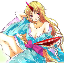  aqua_kimono arm_behind_back arm_up bare_shoulders blonde_hair breasts chains cl_(h-sys.) closed_mouth commentary_request cuffs cup female holding holding_cup hoshiguma_yuugi hoshiguma_yuugi_(kimono) japanese_clothes kimono large_breasts long_hair red_eyes right-over-left_kimono sakazuki sitting solo touhou v-shaped_eyebrows very_long_hair wide_sleeves 