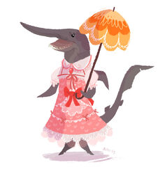  2015 alternative_fashion anthro biped black_eyes clothed clothing digital_media_(artwork) digital_painting_(artwork) digitigrade dorsal_fin dress female fin fish full-length_portrait fully_clothed goblin_shark holding_object holding_umbrella j-fashion kikidoodle lace lolita_(fashion) mackerel_shark marine mitsukurinid multicolored_clothing parasol pink_clothing portrait red_ribbon ribbons shark simple_background smile solo standing sweet_lolita tail tail_fin teeth umbrella white_background white_clothing 