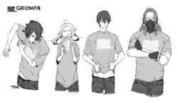  4boys borr commentary_request copyright_name denim dressing fingerless_gloves gloves greyscale gridman_universe half_updo inozi jeans male_focus mask max_(ssss.gridman) messy_hair monochrome multiple_boys oversized_clothes oversized_shirt pants samurai_calibur shirt ssss.gridman t-shirt vit 