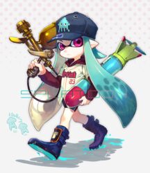  aerospray_(splatoon) bad_id bad_twitter_id baseball_cap baseball_uniform bike_shorts blue_hair copyright_name female hat hood hoodie hou_(ppo) inkling inkling_girl inkling_player_character inkstrike_(splatoon) long_hair long_sleeves monster_girl paint pointy_ears purple_eyes solo splatoon_(series) splatoon_1 sportswear squid tentacle_hair torpedo walking 