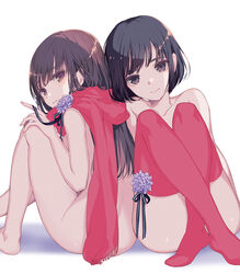  2girls ass barefoot black_hair brown_eyes commentary_request convenient_leg flower gin_(oyoyo) knees_to_chest long_hair looking_at_viewer multiple_girls naked_scarf nude original photoshop_(medium) red_legwear scarf short_hair sitting smile thighhighs 